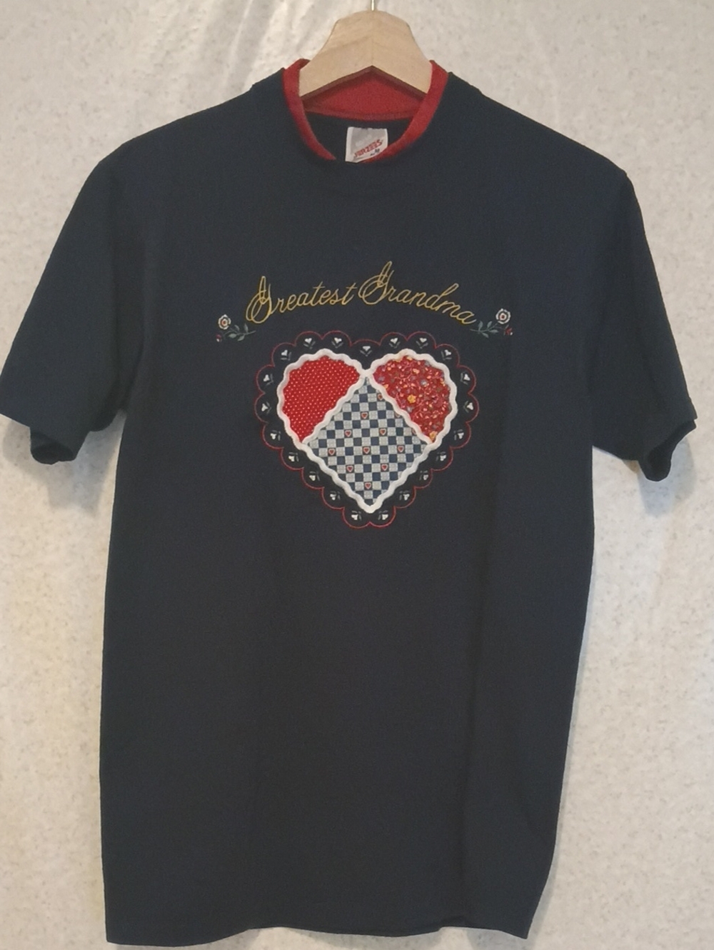 Jerzees Navy Short Sleeve Tee with Red Trim and Heart Patch